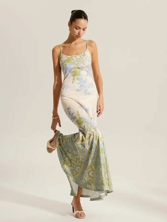Commense Cream Slip Maxi Dress with Blue and Green Floral Print - Picture 2 of 3